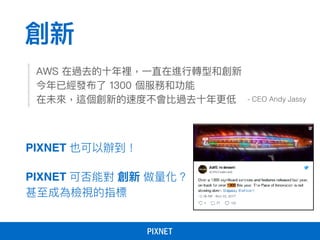 創新
AWS 在過去的⼗十年年裡，⼀一直在進⾏行行轉型和創新
今年年已經發布了了 1300 個服務和功能
在未來來，這個創新的速度不會比過去⼗十年年更更低
PIXNET 也可以辦到！
PIXNET 可否能對 創新 做量量化？
甚⾄至成為檢視的指標
- CEO Andy Jassy
 