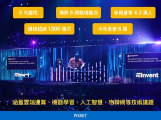涵蓋雲端運算、機器學習、⼈人⼯工智慧、物聯聯網等技術議題
5 天議程 橫跨 6 間賭場飯店 參參與會眾 4.3 萬⼈人
議程超過 1300 場次 今年年是第 6 屆
 
