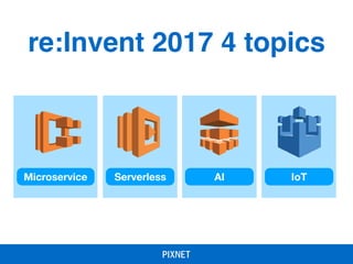 re:Invent 2017 4 topics
Microservice
s
Serverless AI IoT
Future
 