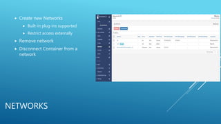 NETWORKS
 Create new Networks
 Built-in plug-ins supported
 Restrict access externally
 Remove network
 Disconnect Container from a
network
 