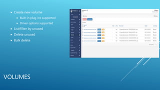 VOLUMES
 Create new volume
 Built-in plug-ins supported
 Driver options supported
 List/filter by unused
 Delete unused
 Bulk delete
 