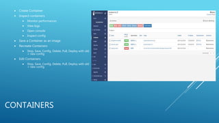 CONTAINERS
 Create Container
 Inspect containers
 Monitor performances
 View logs
 Open console
 Inspect config
 Save a Container as an image
 Recreate Containers
 Stop, Save, Config, Delete, Pull, Deploy with old
+ new config
 Edit Containers
 Stop, Save, Config, Delete, Pull, Deploy with old
+ new config
 