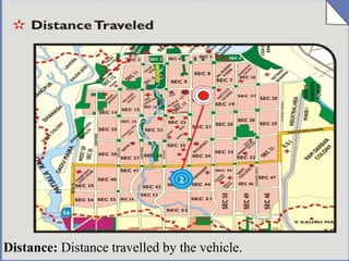 Distance:  Distance travelled by the vehicle. 
