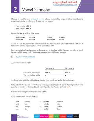 22 eas•y
Turkish Grammar
The rule of vowel harmony ‘ünlü/sesli uyumu’ is based on part of the tongue involved in producing a
vowel. Accordingly, vowels can be divided into two groups:
	 Front vowels: e i ö ü
	 Back vowels: a ı o u
Look at the plural suffix in these nouns:
	 öğretmenler 	 teachers 	 okullar 	 schools
	 öğrenciler 	 students 	 arkadaşlar		 friends
As can be seen, the plural suffix harmonizes with the preceding front vowels (e and i) as -ler, and it
harmonizes with the preceding back vowels (u and a) as -lar.
However, not all suffixes harmonize in the same way as the plural suffix. There are two rules of vowel
harmony, which we may call 2-fold vowel harmony and 4-fold vowel harmony.
1	 2-fold vowel harmony
2-fold vowel harmony table:
		 Front vowels	 Back vowels
		 Last vowel in the word	 e i ö ü	 a ı o u
		 The vowel of the suffix	 e	a
As shown in the table, the suffix takes e after the front vowels and a after the back vowels.
Suffixes that follow the rule of 2-fold vowel harmony can be printed with e or a. We will print them with
e, and as a reminder of the rule of 2-fold we will put the sign 2f
as in -ler 2f
and -de 2f
.
Here are more examples of the plural suffix -ler 2f
:
1-fold after the front vowels (e i ö ü):
		
	 ülke	 country	 	→ ülkeler 		 countries
şehir	 city	 → 	şehirler 	 cities
köy 	 village	 → 	 köyler 	 villages
gün	 day	 → 	 günler 	 days
2 Vowel harmony
otherspersonnegationtensecasepossessivebuffer
copyrighted material
www.easyturkishgrammar.com
 