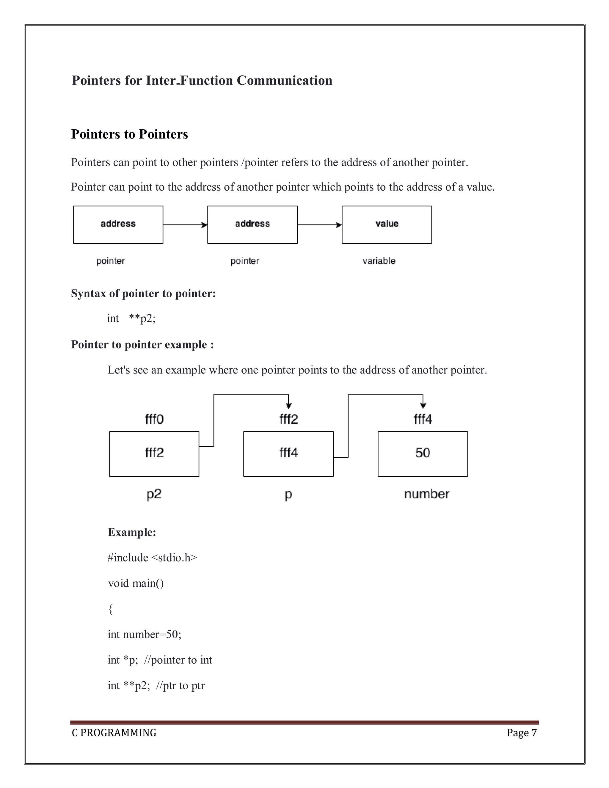 C PROGRAMMING Page 7 Pointers for Inter Function Communication Pointers to Pointers Pointers can point to other pointers /pointer refers to the address of another pointer. Pointer can point to the address of another pointer which points to the address of a value. Syntax of pointer to pointer: int **p2; Pointer to pointer example : Let's see an example where one pointer points to the address of another pointer. Example: #include <stdio.h> void main() { int number=50; int *p; //pointer to int int **p2; //ptr to ptr 