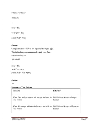 C PROGRAMMING Page 29
#include<stdio.h>
int main()
{
int a = 10;
void *ptr = &a;
printf("%d", *ptr);
}
Output:
Compiler Error: 'void*' is not a pointer-to-object type .
The following program compiles and runs fine.
#include<stdio.h>
int main()
{
int a = 10;
void *ptr = &a;
printf("%d", *(int *)ptr);
}
Output:
10
Summary : Void Pointer
Scenario Behavior
When We assign address of integer variable to
void pointer
Void Pointer Becomes Integer
Pointer
When We assign address of character variable to
void pointer
Void Pointer Becomes Character
Pointer
 