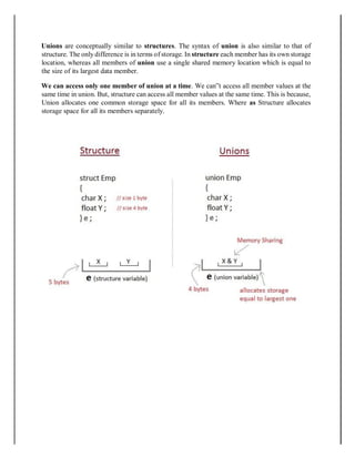 Unions are conceptually similar to structures. The syntax of union is also similar to that of
structure. The only difference is in terms of storage. In structure each member has its own storage
location, whereas all members of union use a single shared memory location which is equal to
the size of its largest data member.
We can access only one member of union at a time. We can‟t access all member values at the
same time in union. But, structure can access all member values at the same time. This is because,
Union allocates one common storage space for all its members. Where as Structure allocates
storage space for all its members separately.
 