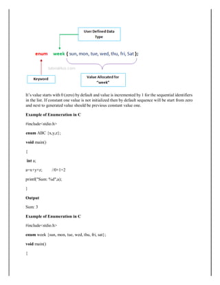 It’s value starts with 0 (zero) by default and value is incremented by 1 for the sequential identifiers
in the list. If constant one value is not initialized then by default sequence will be start from zero
and next to generated value should be previous constant value one.
Example of Enumeration in C
#include<stdio.h>
enum ABC {x,y,z};
void main()
{
int a;
a=x+y+z; //0+1+2
printf("Sum: %d",a);
}
Output
Sum: 3
Example of Enumeration in C
#include<stdio.h>
enum week {sun, mon, tue, wed, thu, fri, sat};
void main()
{
 