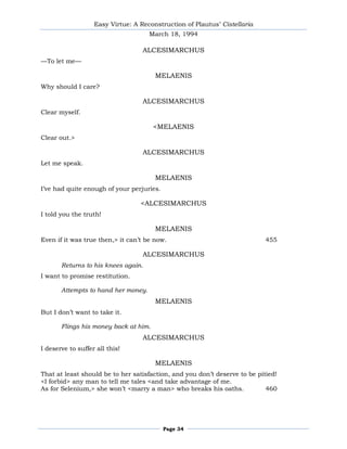 Easy Virtue: A Reconstruction of Plautus’ Cistellaria
                                     March 18, 1994

                                   ALCESIMARCHUS
—To let me—

                                       MELAENIS
Why should I care?

                                   ALCESIMARCHUS
Clear myself.

                                       <MELAENIS
Clear out.>

                                   ALCESIMARCHUS
Let me speak.

                                       MELAENIS
I’ve had quite enough of your perjuries.

                                  <ALCESIMARCHUS
I told you the truth!

                                       MELAENIS
Even if it was true then,> it can’t be now.                                 455

                                   ALCESIMARCHUS
       Returns to his knees again.
I want to promise restitution.

       Attempts to hand her money.
                                       MELAENIS
But I don’t want to take it.

       Flings his money back at him.
                                   ALCESIMARCHUS
I deserve to suffer all this!

                                       MELAENIS
That at least should be to her satisfaction, and you don’t deserve to be pitied!
<I forbid> any man to tell me tales <and take advantage of me.
As for Selenium,> she won’t <marry a man> who breaks his oaths.             460




                                           Page 34
 