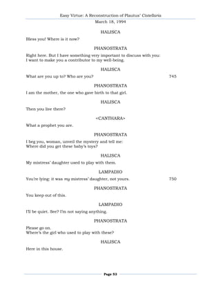 Easy Virtue: A Reconstruction of Plautus’ Cistellaria
                                     March 18, 1994

                                        HALISCA
Bless you! Where is it now?

                                    PHANOSTRATA
Right here. But I have something very important to discuss with you:
I want to make you a contributor to my well-being.

                                        HALISCA
What are you up to? Who are you?                                          745

                                    PHANOSTRATA
I am the mother, the one who gave birth to that girl.

                                        HALISCA
Then you live there?

                                     <CANTHARA>
What a prophet you are.

                                    PHANOSTRATA
I beg you, woman, unveil the mystery and tell me:
Where did you get these baby’s toys?

                                        HALISCA
My mistress’ daughter used to play with them.

                                       LAMPADIO
You’re lying: it was my mistress’ daughter, not yours.                    750

                                    PHANOSTRATA
You keep out of this.

                                       LAMPADIO
I’ll be quiet. See? I’m not saying anything.

                                    PHANOSTRATA
Please go on.
Where’s the girl who used to play with these?

                                        HALISCA
Here in this house.




                                          Page 53
 