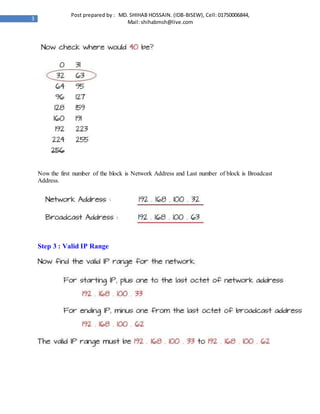 3
Post prepared by : MD. SHIHAB HOSSAIN. (IDB-BISEW), Cell: 01750006844,
Mail: shihabmsh@live.com
Now the first number of the block is Network Address and Last number of block is Broadcast
Address.
Step 3 : Valid IP Range
 