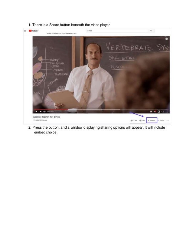 1. There is a Share button beneath the videoplayer
2. Press the button, and a window displaying sharing options will appear. It will include
embed choice.
 