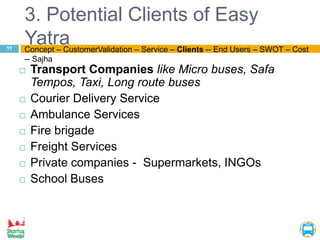 3. Potential Clients of Easy
Yatra
 Transport Companies like Micro buses, Safa
Tempos, Taxi, Long route buses
 Courier D...
