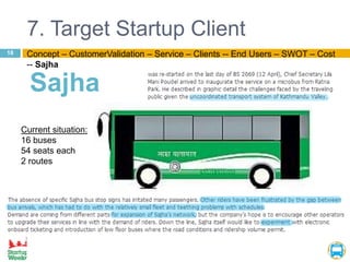 7. Target Startup Client
Sajha
Current situation:
16 buses
54 seats each
2 routes
18 Concept – CustomerValidation – Servic...