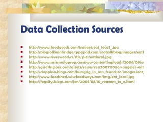 Data Collection Sources http://www.foodgoods.com/images/eat_local_.jpg http://blogsofbainbridge.typepad.com/ecotalkblog/images/eatlocallogo.jpg http://www.riverwood.cc/stir/pics/eatlocal.jpg http://www.missmalaprop.com/wp-content/uploads/2006/09/eatlocal.jpg http://gridskipper.com/assets/resources/2007/10/los-angeles-eat-local-main.jpg http://cioppino.blogs.com/hungrig_in_san_francisco/images/eat_local_2.gif http:// www.foodshed.wisefoodways.com/img/eat_local.jpg http://fogcity.blogs.com/jen/2005/08/10_reasons_to_e.html 