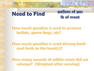 Need to Find How much gasoline is used to procure bullets, game bags, etc? How much gasoline is used driving back and forth to the hunt(s)?   How many pounds of edible meat did we salvage?  (Weighed after carving) gallons of gas lb of meat 