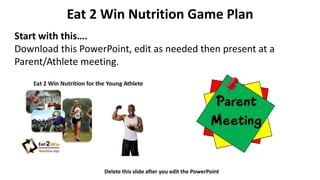 Eat 2 Win Nutrition Game Plan
Start with this….
Download this PowerPoint, edit as needed then present at a
Parent/Athlete meeting.
Delete this slide after you edit the PowerPoint
 