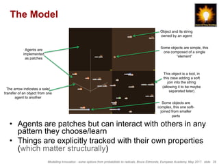 Modelling Innovation - some options from probabilistic to radicals, Bruce Edmonds, European Academy, May 2017. slide 29
The Model
•  Agents are patches but can interact with others in any
pattern they choose/learn
•  Things are explicitly tracked with their own properties
(which matter structurally)
Agents are
implemented
as patches
Object and its string
owned by an agent
Some objects are
complex, this one soft-
joined from smaller
parts
Some objects are simple, this
one composed of a single
“element”
This object is a tool, in
this case adding a soft
join into the string
(allowing it to be maybe
separated later)
The arrow indicates a sale/
transfer of an object from one
agent to another
 
