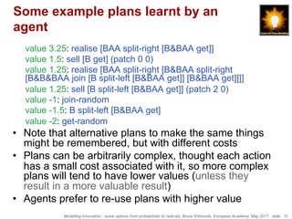Modelling Innovation - some options from probabilistic to radicals, Bruce Edmonds, European Academy, May 2017. slide 31
Some example plans learnt by an
agent
value 3.25: realise [BAA split-right [B&BAA get]]
value 1.5: sell [B get] (patch 0 0)
value 1.25: realise [BAA split-right [B&BAA split-right
[B&B&BAA join [B split-left [B&BAA get]] [B&BAA get]]]]
value 1.25: sell [B split-left [B&BAA get]] (patch 2 0)
value -1: join-random
value -1.5: B split-left [B&BAA get]
value -2: get-random
•  Note that alternative plans to make the same things
might be remembered, but with different costs
•  Plans can be arbitrarily complex, thought each action
has a small cost associated with it, so more complex
plans will tend to have lower values (unless they
result in a more valuable result)
•  Agents prefer to re-use plans with higher value
 