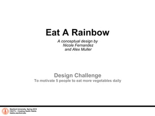 Eat A Rainbow A conceptual design by  Nicole Fernandez and Alex Muller Stanford University, Spring 2010 CS377v - Creating Health Habits habits.stanford.edu   Design Challenge To motivate 5 people to eat more vegetables daily 