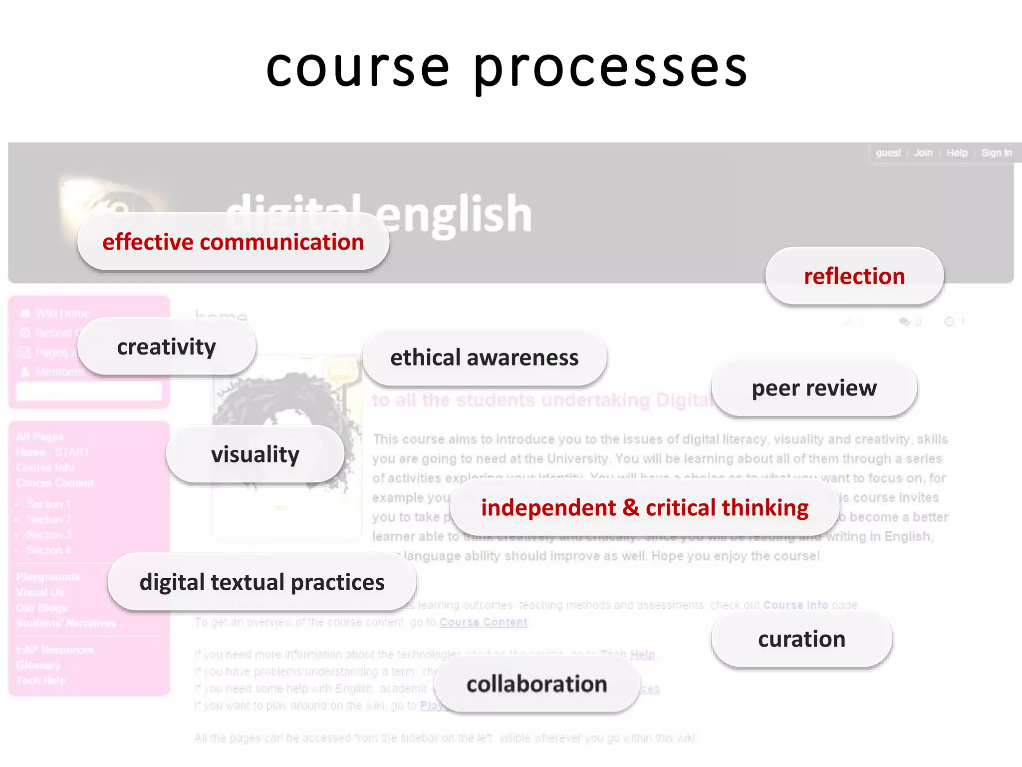 independent & critical thinking
curation
peer review
reflection
visuality
creativity
effective communication
ethical awareness
digital textual practices
course processes
 