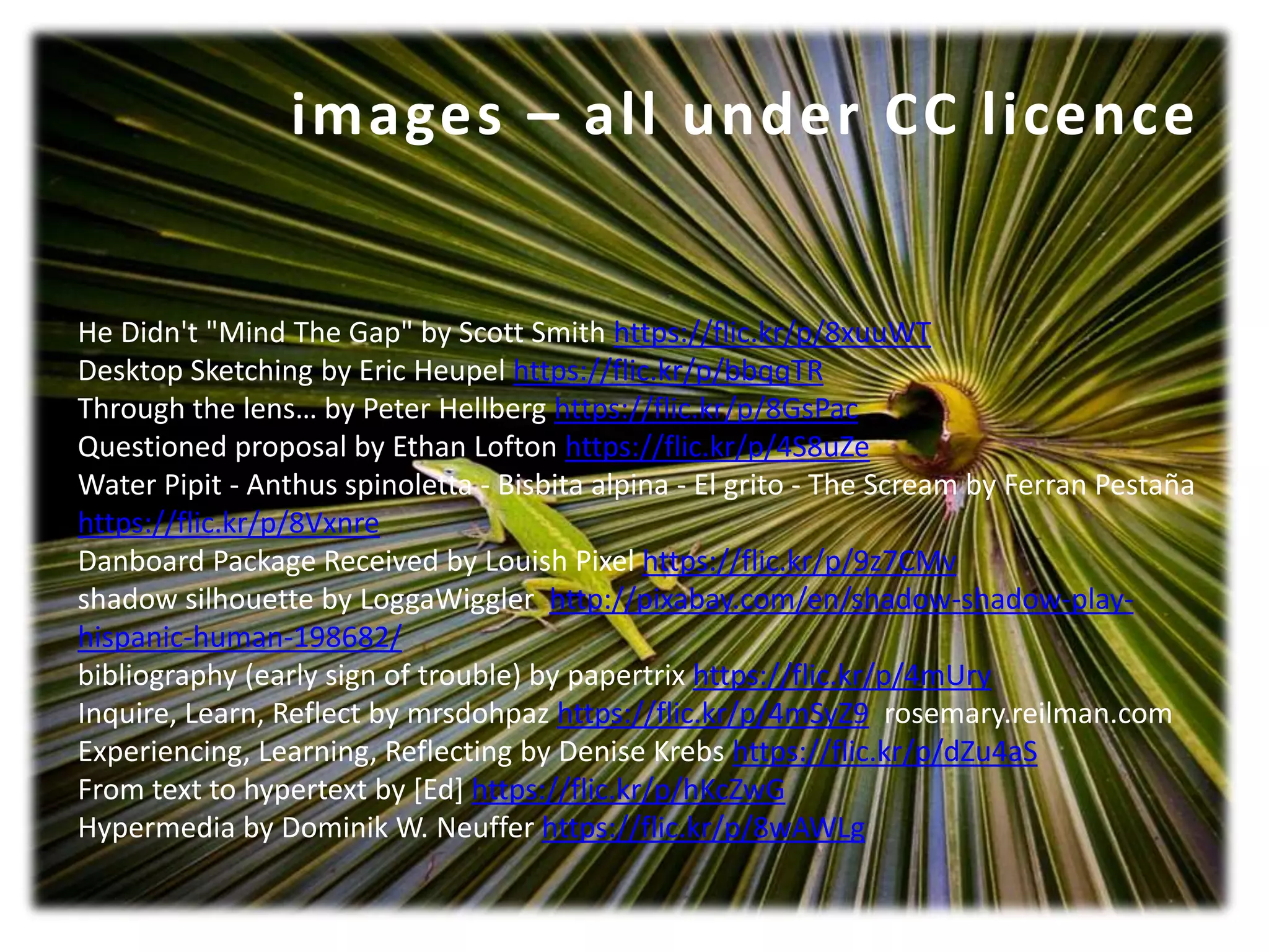 images – all under CC licence
He Didn't "Mind The Gap" by Scott Smith https://flic.kr/p/8xuuWT
Desktop Sketching by Eric Heupel https://flic.kr/p/bbqqTR
Through the lens… by Peter Hellberg https://flic.kr/p/8GsPac
Questioned proposal by Ethan Lofton https://flic.kr/p/4S8uZe
Water Pipit - Anthus spinoletta - Bisbita alpina - El grito - The Scream by Ferran Pestaña
https://flic.kr/p/8Vxnre
Danboard Package Received by Louish Pixel https://flic.kr/p/9z7CMv
shadow silhouette by LoggaWiggler http://pixabay.com/en/shadow-shadow-play-
hispanic-human-198682/
bibliography (early sign of trouble) by papertrix https://flic.kr/p/4mUry
Inquire, Learn, Reflect by mrsdohpaz https://flic.kr/p/4mSyZ9 rosemary.reilman.com
Experiencing, Learning, Reflecting by Denise Krebs https://flic.kr/p/dZu4aS
From text to hypertext by [Ed] https://flic.kr/p/hKcZwG
Hypermedia by Dominik W. Neuffer https://flic.kr/p/8wAWLg
 
