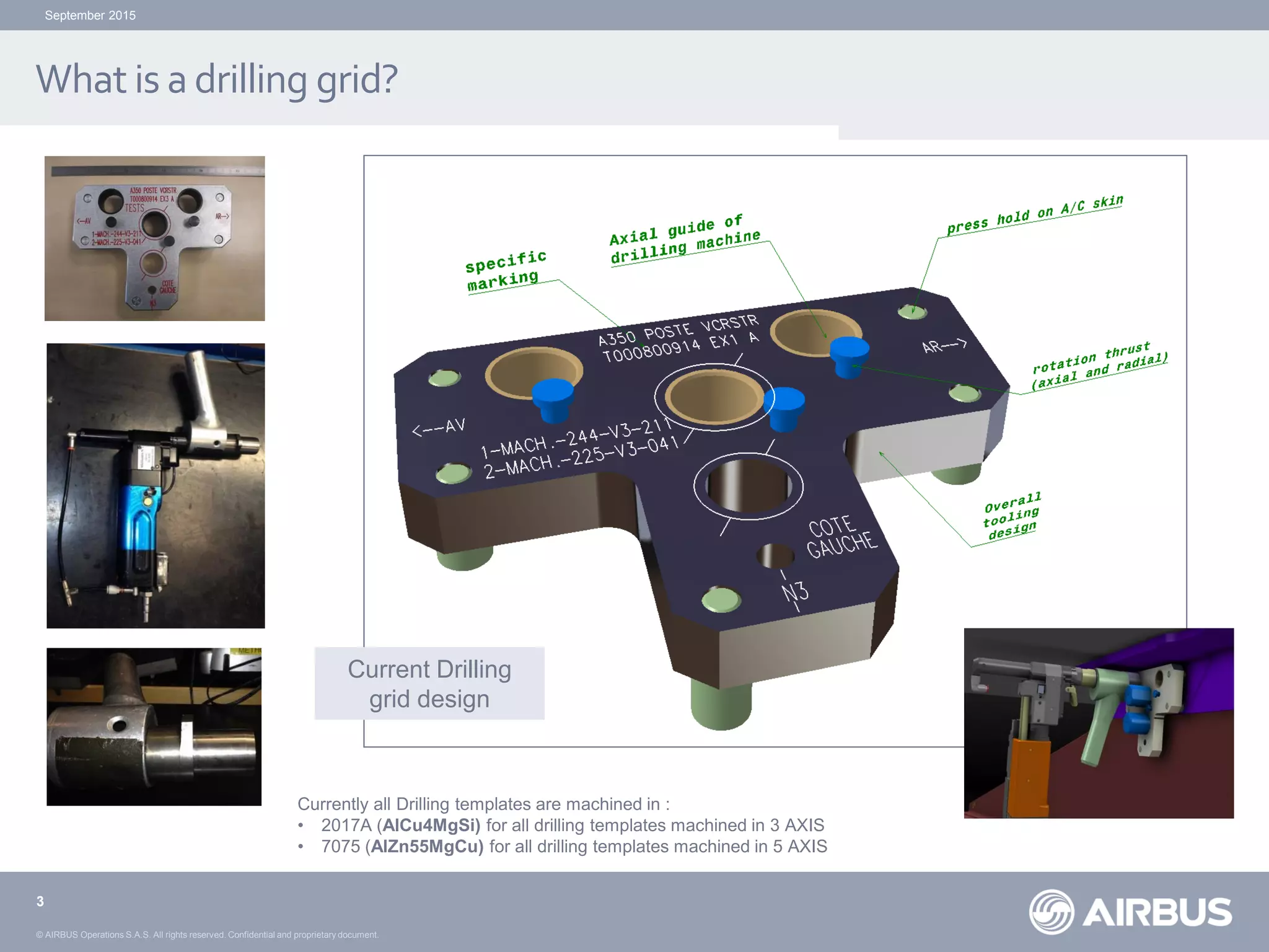 © AIRBUS Operations S.A.S. All rights reserved. Confidential and proprietary document.
What is a drilling grid?
3
Current Drilling
grid design
Currently all Drilling templates are machined in :
• 2017A (AlCu4MgSi) for all drilling templates machined in 3 AXIS
• 7075 (AlZn55MgCu) for all drilling templates machined in 5 AXIS
September 2015
 