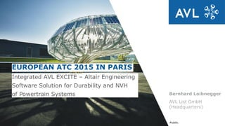 Bernhard Loibnegger
Daniel Baumann, IT
AVL List GmbH
(Headquarters)
Public
EUROPEAN ATC 2015 IN PARIS
Integrated AVL EXCITE – Altair Engineering
Software Solution for Durability and NVH
of Powertrain Systems
 