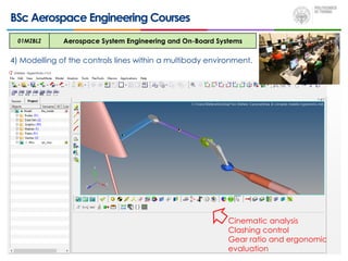 BSc Aerospace Engineering Courses
4) Modelling of the controls lines within a multibody environment.
01MZBLZ Aerospace System Engineering and On-Board Systems
Cinematic analysis
Clashing control
Gear ratio and ergonomic
evaluation
 