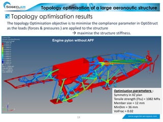 Sous titre
Topology optimisation of a large aeronautic structure
Topology optimisation results
The topology Optimisation objective is to minimise the compliance parameter in OptiStruct
as the loads (forces & pressures ) are applied to the structure
 maximise the structure stiffness.
Optimisation parameters :
Symmetry in XZ plan
Tensile strength (Ftu) = 1082 MPa
Member size = 12 mm
MinDim = 36 mm
VolFrac = 0.02
Engine pylon without APF
13
 