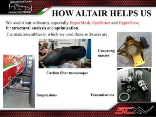 HOW ALTAIR HELPS US
We used Altair softwares, especially HyperMesh, OptiStruct and HyperView,
for structural analysis and optimization.
The main assemblies in which we used these softwares are:
Carbon fiber monocoque
Unsprung
masses
TransmissionsSuspensions
 