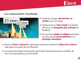 Les nouveautés Facebook
                                         Facebook change «devenir fan» en
                                         «j’aime» pour ses Pages

                                         Facebook lance l’Open Graph et le Graph
                                         API pour une intégration plus profonde de
                                         Facebook

                                         De nouveaux plugins et widgets permettent
                                         une plus grande personnalisation et un
                                         marquage sémantique

Bouton «j’aime» universel et sémantique permet à Facebook d’indexer les contenus
web grâce aux goûts de ses utilisateurs

Lancement des Pages Communauté, de Credits Facebook (monnaie virtuelle), de
docs.com (partenariat avec Microsoft)
 