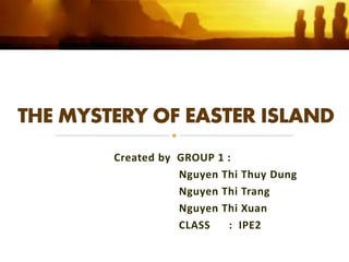 Created by GROUP 1 :
Nguyen Thi Thuy Dung
Nguyen Thi Trang
Nguyen Thi Xuan
CLASS : IPE2
 