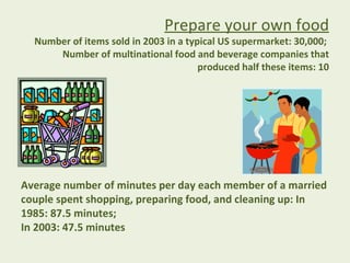 Prepare your own food
  Number of items sold in 2003 in a typical US supermarket: 30,000;
      Number of multinational food and beverage companies that
                                       produced half these items: 10




Average number of minutes per day each member of a married
couple spent shopping, preparing food, and cleaning up: In
1985: 87.5 minutes;
In 2003: 47.5 minutes
 