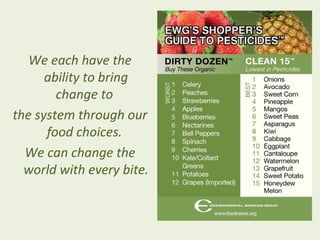We each have the
      ability to bring
        change to
the system through our
      food choices.
  We can change the
  world with every bite.
 