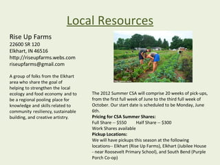 Local Resources




    The 2012 Summer CSA will comprise 20 weeks of pick-ups,
    from the first full week of June to the third full week of
    October. Our start date is scheduled to be Monday, June
    6th.
    Pricing for CSA Summer Shares:
    Full Share -- $550      Half Share -- $300
    Work Shares available
    Pickup Locations:
    We will have pickups this season at the following
    locations-- Elkhart (Rise Up Farms), Elkhart (Jubilee House
    - near Roosevelt Primary School), and South Bend (Purple
    Porch Co-op)
 