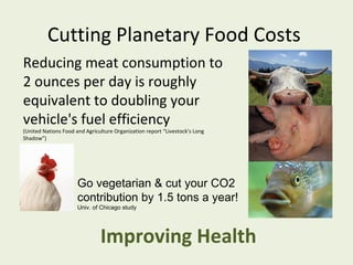 Cutting Planetary Food Costs
Reducing meat consumption to
2 ounces per day is roughly
equivalent to doubling your
vehicle's fuel efficiency
(United Nations Food and Agriculture Organization report “Livestock’s Long
Shadow”)




                      Go vegetarian & cut your CO2
                      contribution by 1.5 tons a year!
                      Univ. of Chicago study




                               Improving Health
 