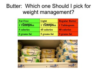 Butter:  Which one Should I pick for weight management? 9 grams fat 5 grams fat 0 grams fat 80 calories 45 calories 5 calo...