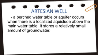 ARTESIAN WELL
- a perched water table or aquifer occurs
when there is a localized aquiclude above the
main water table. It stores a relatively small
amount of groundwater.
 