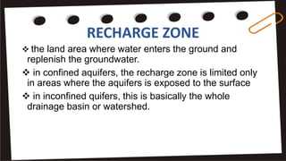RECHARGE ZONE
 the land area where water enters the ground and
replenish the groundwater.
 in confined aquifers, the recharge zone is limited only
in areas where the aquifers is exposed to the surface
 in inconfined quifers, this is basically the whole
drainage basin or watershed.
 
