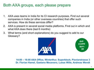 Both AXA groups, each please prepare
13
1. AXA uses teams in India for its CI research purposes. Find out several
companies in India (or other overseas countries) that offer such
services. How do these services differ?
2. AXA is present in several social media platforms. Find out in which and
what AXA does there (last 6 months)
3. What terms (and short explanations) do you suggest to add to our
Glossary?
14:00 – 18:00 AXA Office, Winterthur, Superblock, Pionierstrasse 3
Dr. Florian Hamel, Gaetano Mecenero, Lukas Wille, Andreas Wendt
 