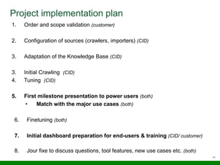 11
Project implementation plan
1. Order and scope validation (customer)
2. Configuration of sources (crawlers, importers) (CID)
3. Adaptation of the Knowledge Base (CID)
3. Initial Crawling (CID)
4. Tuning (CID)
5. First milestone presentation to power users (both)
• Match with the major use cases (both)
6. Finetuning (both)
7. Initial dashboard preparation for end-users & training (CID/ customer)
8. Jour fixe to discuss questions, tool features, new use cases etc. (both)
 