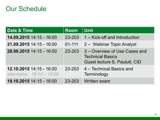 Our Schedule
Date & Time Room Unit
14.09.2015 14:15 - 16:00 23-203 1 – Kick-off and Introduction
21.09.2015 14:15 - 16:00 01-111 2 – Webinar Topic Analyst
28.09.2015 14:15 - 16:00 23-203 3 – Overview of Use Cases and
Technical Basics
Guest lecture S. Paulutt, CID
12.10.2015 14:15 - 16:00
alternative 16:15 – 18:00
23-203 4 – Technical Basics and
Terminology
19.10.2015 14:15 - 16:00 23-203 Written exam
16
 