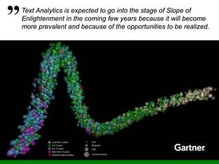 36
Text Analytics is expected to go into the stage of Slope of
Enlightenment in the coming few years because it will become
more prevalent and because of the opportunities to be realized.
 