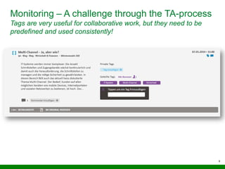 9
Monitoring – A challenge through the TA-process
Tags are very useful for collaborative work, but they need to be
predefined and used consistently!
 