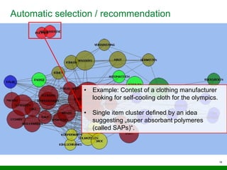 18
Automatic selection / recommendation
• Example: Contest of a clothing manufacturer
looking for self-cooling cloth for the olympics.
• Single item cluster defined by an idea
suggesting „super absorbant polymeres
(called SAPs)“.
 
