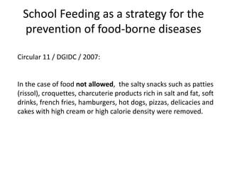 School Feeding as a strategy for the
prevention of food-borne diseases
Circular 11 / DGIDC / 2007:
In the case of food not allowed, the salty snacks such as patties
(rissol), croquettes, charcuterie products rich in salt and fat, soft
drinks, french fries, hamburgers, hot dogs, pizzas, delicacies and
cakes with high cream or high calorie density were removed.
 
