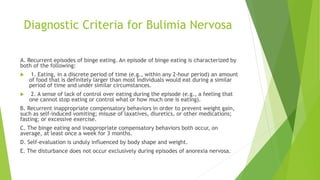 Diagnostic Criteria for Bulimia Nervosa
A. Recurrent episodes of binge eating. An episode of binge eating is characterized by
both of the following:
 1. Eating, in a discrete period of time (e.g., within any 2-hour period) an amount
of food that is definitely larger than most individuals would eat during a similar
period of time and under similar circumstances.
 2. A sense of lack of control over eating during the episode (e.g., a feeling that
one cannot stop eating or control what or how much one is eating).
B. Recurrent inappropriate compensatory behaviors in order to prevent weight gain,
such as self-induced vomiting; misuse of laxatives, diuretics, or other medications;
fasting; or excessive exercise.
C. The binge eating and inappropriate compensatory behaviors both occur, on
average, at least once a week for 3 months.
D. Self-evaluation is unduly influenced by body shape and weight.
E. The disturbance does not occur exclusively during episodes of anorexia nervosa.
 