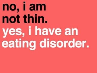 ANOREXIA NERVOUSA
-

Restricting food intake, cutting out
certain food groups.

-

Intense fear of weight gain

- May or may not use binge eating
and/or “compensating” behaviors.
-

Hiding under clothes

-

Pretending to eat to reassure others

-

Avoiding going out to eat with
friends

-

Individuals with anorexia between
ages 15-24 are 12 times more likely
to die from the illness than all other
causes of death

 