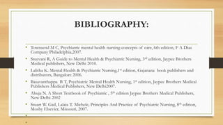 BIBLIOGRAPHY:
• Townsend M C, Psychiatric mental health nursing-concepts of care, 6th edition, F A Dias
Company Philadelphia,2007.
• Sreevani R, A Guide to Mental Health & Psychiatric Nursing, 3rd edition, Jaypee Brothers
Medical publishers, New Delhi 2010.
• Lalitha K. Mental Health & Psychiatric Nursing,1st edition, Gajanana book publishers and
distributors, Bangalore 2006.
• Basavanthappa B T, Psychiatric Mental Health Nursing, 1st edition, Jaypee Brothers Medical
Publishers Medical Publishers, New Delhi2007.
• Ahuja N. A Short Textbook of Psychiatric , 5th edition Jaypee Brothers Medical Publishers,
New Delhi 2002
• Stuart W. Gail, Lalaia T. Michele, Principles And Practice of Psychiatric Nursing, 8th edition,
Mosby Elsevier, Missouri, 2007.
•
•
 